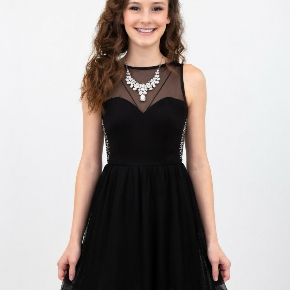 Navy Illusion Neckline Tulle Skater Dress